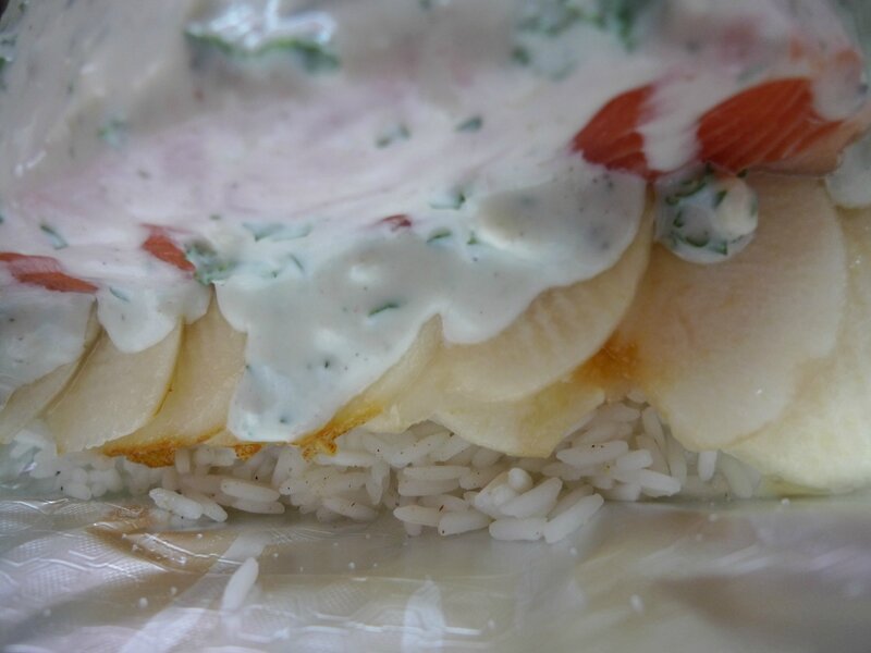 Papillotes saumon, riz, poires et roquefort