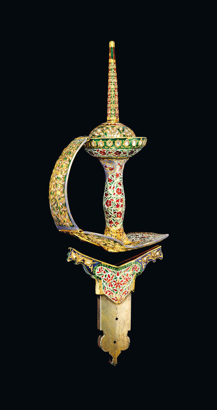 An elegant gemset and enamelled gold sword (khanda) hilt, Mughal India, 18th century