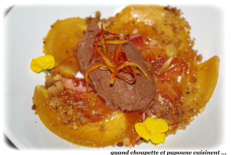 suprêmes d'oranges au cointreau, cédrat confit, mousse chocolat au cédrat et crumble pistache-8277g