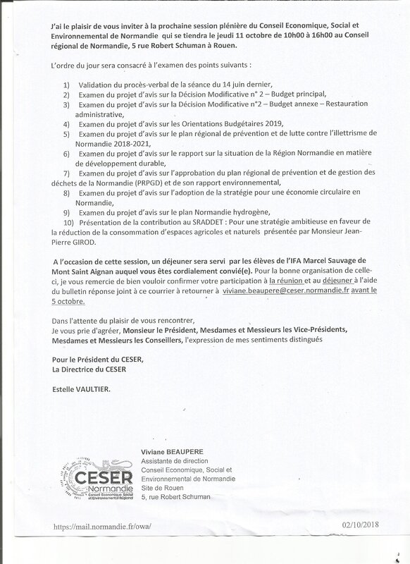 Jeudi 11 octobre 2018 à ROUEN: nouvelle réunion ordinaire de la Sinécure économique sociale et environnementale régionale