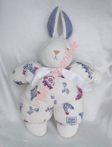 Doudou Peluche Lapin Blanc Imprimé Poule Oiseau Maison Tartine Et Chocolat