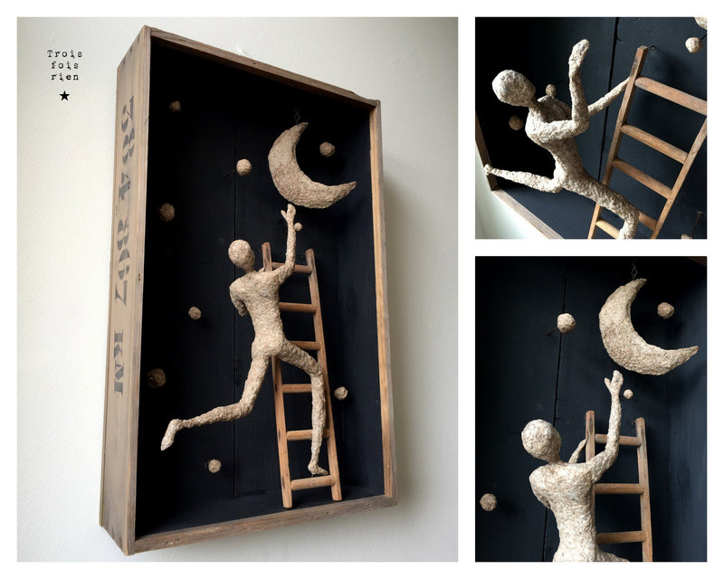 Décrocher la lune, papier maché, wood box, moon, lune, échelle, sculpture, papier mache art, trois fois rien, mixmedia, assemblage, expression imagée (2)