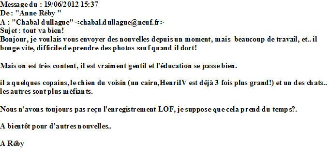 des nouvelles d'HENRI IV DE LA DULLAGUE 3 MOIS