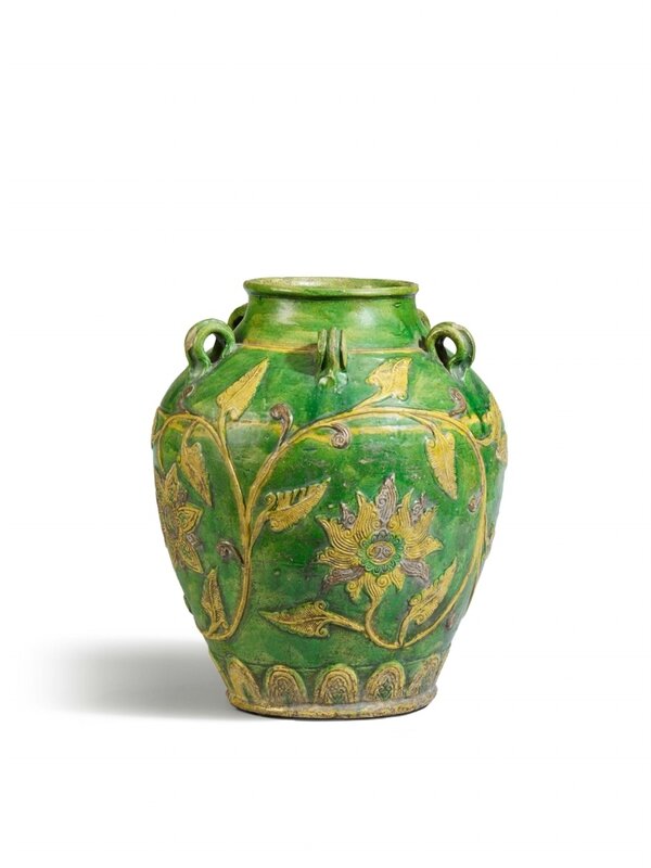 A green, yellow and brown-glazed 'Tradescant' storage jar, Ming dynasty (1368-1644), around 1600