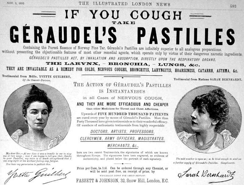 pub geraudel avec Yvette Guilbert et Sarah Bernhardt noir et blanc