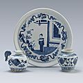 A blue and white '<b>Chicken</b> <b>Head</b>' <b>ewer</b>, a small 'Lotus' jar and a 'Figure' plate, Ming Dynasty, 16th-17th century