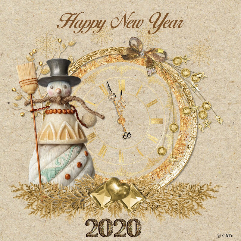 Happy new year 2020 bonhomme de neige couronne horloge étoiles sapin or (Cré@ations M@rie)