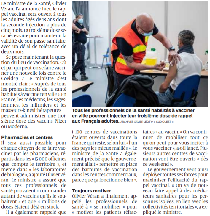 2021 11 26 SO Médecins infirmiers kinés pharmaciens Où peut-on recevoir sa troisième dose2