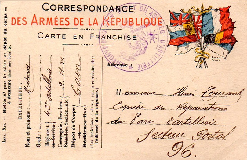 43e RAC Correspondance aux Armées Georges Hertoux 9e HR Henri Hyacinthe Edmond Tourant 11
