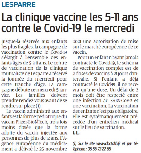 2022 01 05 SO Lesparre La clinique vaccine les 5-11 ans contre le Covid-19 le mercredi