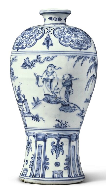 A finely painted and rare blue and white vase (meiping), Ming dynasty, late 15th century