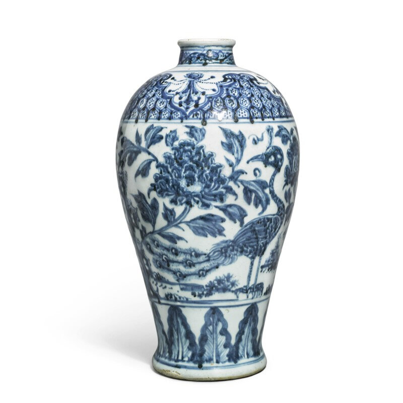 A rare blue and white ‘peacock’ meiping, Ming dynasty, mid-15th century