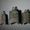 Three <b>bronze</b> <b>bells</b>, zhong, Late Spring and  Autumn period, 6th-5th century BC