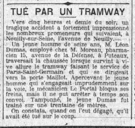 1910-31-05 + deLéon Dumas à Neuilly sur Seine, dmt à Puteaux, et accident à Neuilly sur Seine