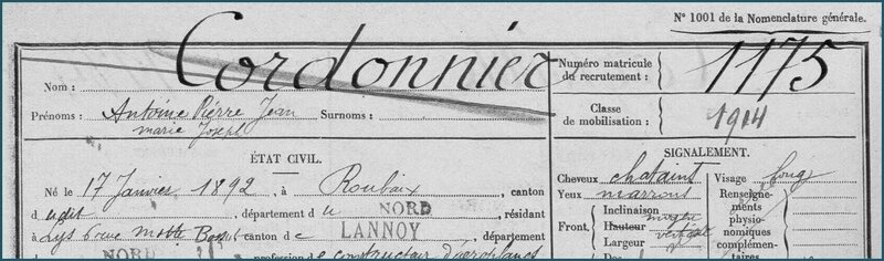 CORDONNIER Antoine Pierre Jean Marie Joseph - Fiche matricule