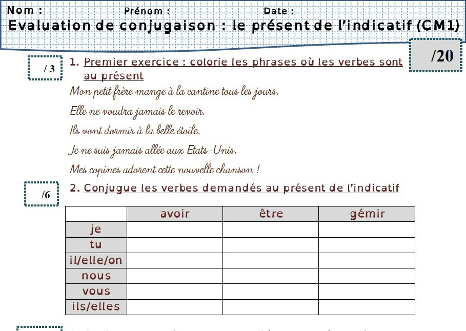 Exercice Conjugaison Présent Cm1 Avec Corrigé