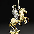 A German parcel-gilt silver horse on stand with mounted rider, the rider and stand, maker's mark only GIS, <b>circa</b> <b>1650</b>, the horse