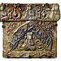A rare Ilkhanid moulded lustre pottery tile, Persia, probably Takht-i Suleyman, <b>13th</b>-<b>14th</b> <b>century</b>