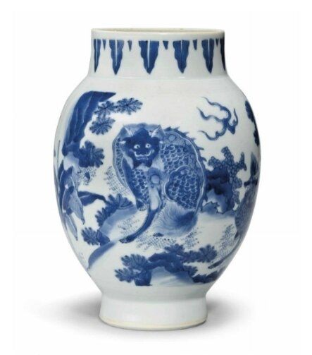 A blue and white ‘Mythical Beast’ jar, Transitional period, circa 1640-1660