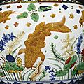 A Magnificient and Rare wucai '<b>Fish</b>' Jar, Mark and period of Jiajing 