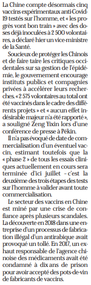 2020 05 16 SO La Chine a déjà testé cinq vaccins sur l'homme2
