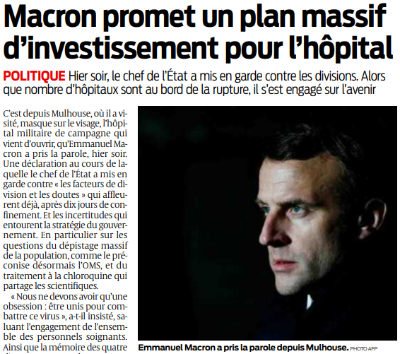 2020 03 26 SO Macron promet un plan massif d'investissement pour l'hôpital