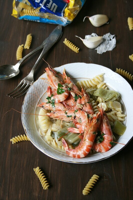 one pan pasta gambas et poireaux