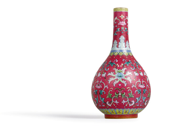 An exceptionally fine and rare ruby-ground yangcai vase, seal mark and period of Qianlong (1736-1795)