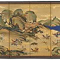 Paire de paravents à six panneaux (byobu) figurant une scène de chasse sur fond de paysage. Fin <b>période</b> <b>Edo</b>