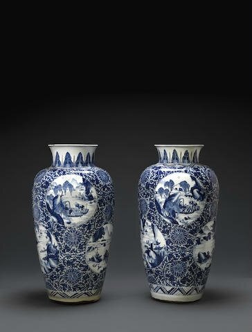 Two massive blue and white ovoid jars, Kangxi period