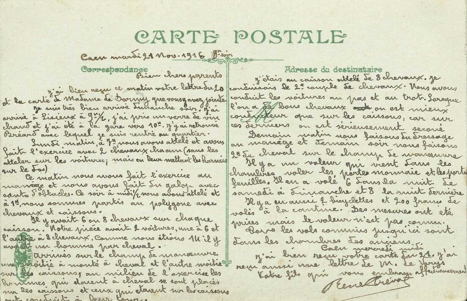 05 Caen, Quartier Claude Decaen, René Auguste Désiré PREVOST, 43e RAC, correspondance novembre 1916