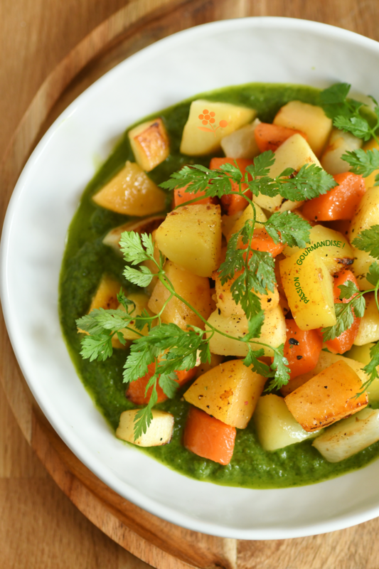 Poêlée de légumes sur un lit de purée de cresson_2