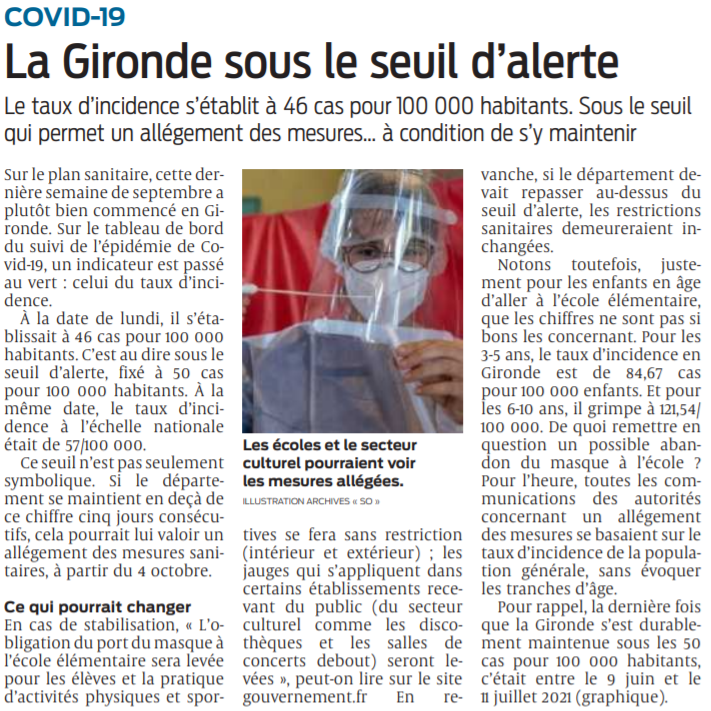 2021 09 29 SO Covid La Gironbde sous le seuil d'alerte