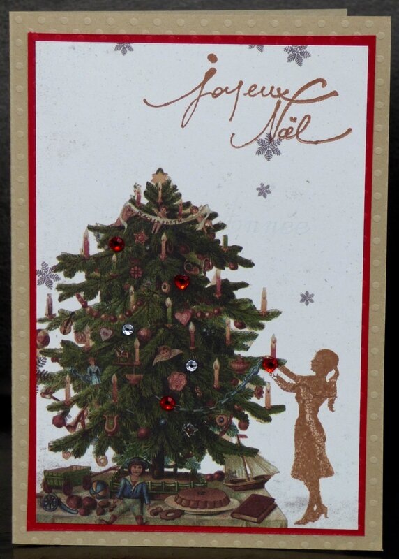 carte de Noel avec sapin imprimé et strass