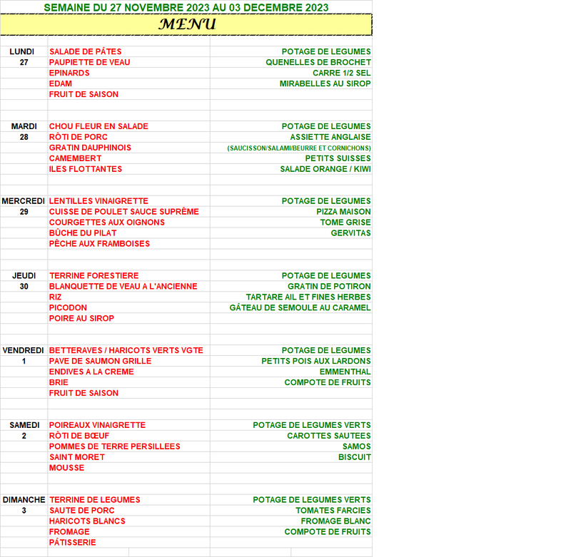 Menu semaine du 27