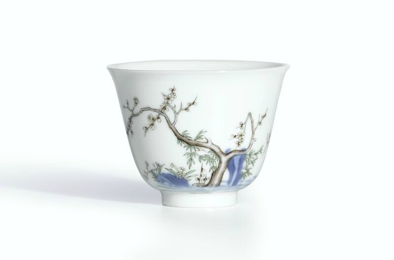 A rare wucai 'Prunus Tree' month cup, Mark and period of Kangxi