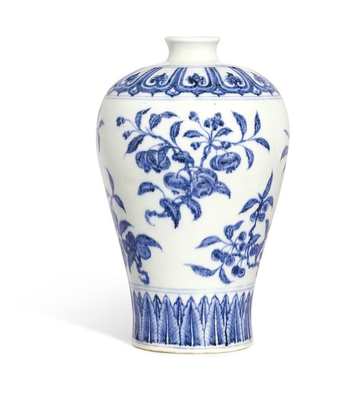 A finely painted and rare blue and white 'Fruit' meiping, Ming dynasty, Yongle period