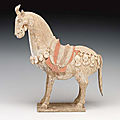 An Unusual Painted Grey Pottery Figure of a Caparisoned Horse, Northern Qi Dynasty (<b>550</b>-<b>577</b>)