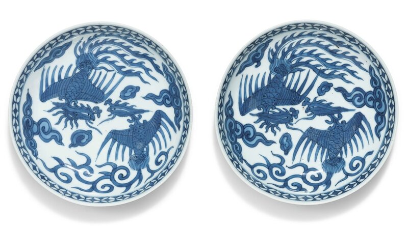 A pair of blue and white ‘phoenix’ dishes, Wanli marks and period (1573-1619)