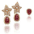 A pair of ruby and <b>diamond</b> <b>ear</b> <b>pendants</b>, by Van Cleef & Arpels and a ring