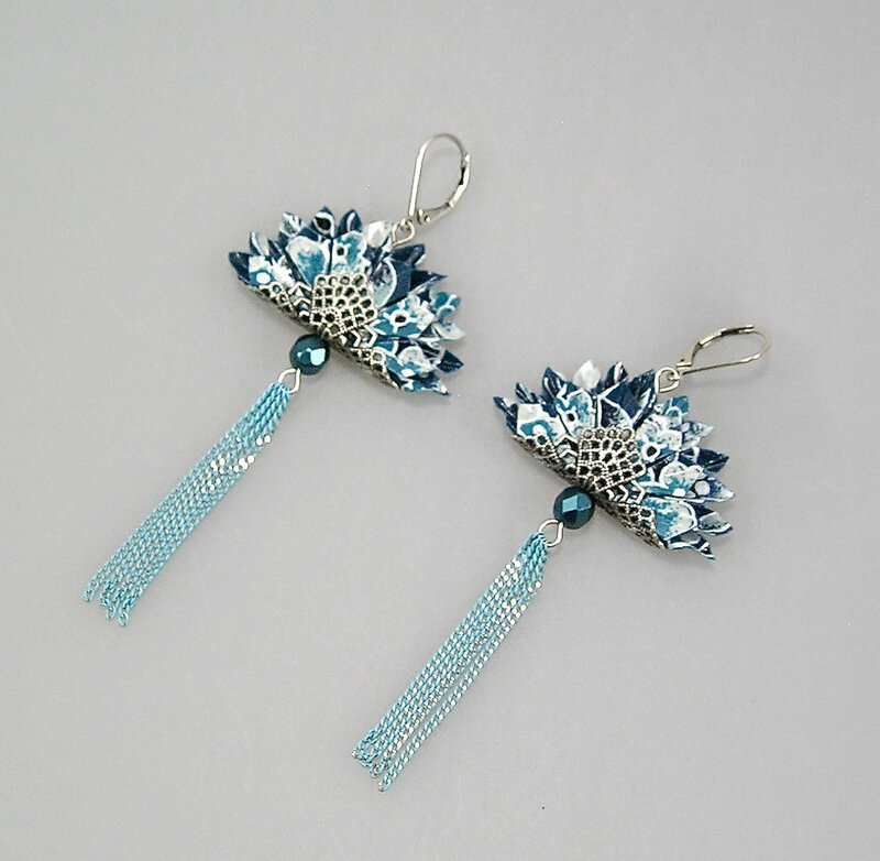 Boucles d'oreilles origami papier japonais bleu pétrol Paon 1