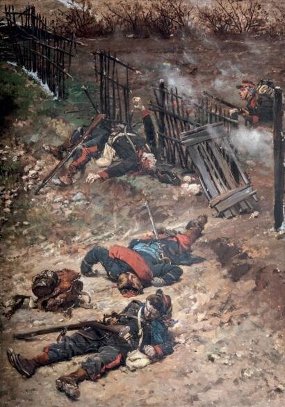 Detaille et De Neuville, Panorama de Champigny, deux mobiles de la cote d'Or mortellement blessés
