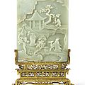 A pale celadon jade 'immortals and landscape' <b>table</b> <b>screen</b> and original gilt-bronze stand, Qing dynasty, Qianlong period