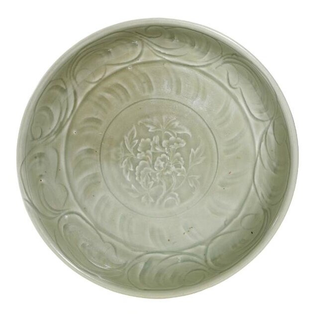 A carved 'Longquan' celadon 'Peony' dish, Yuan-Ming dynasty (1279-1644)