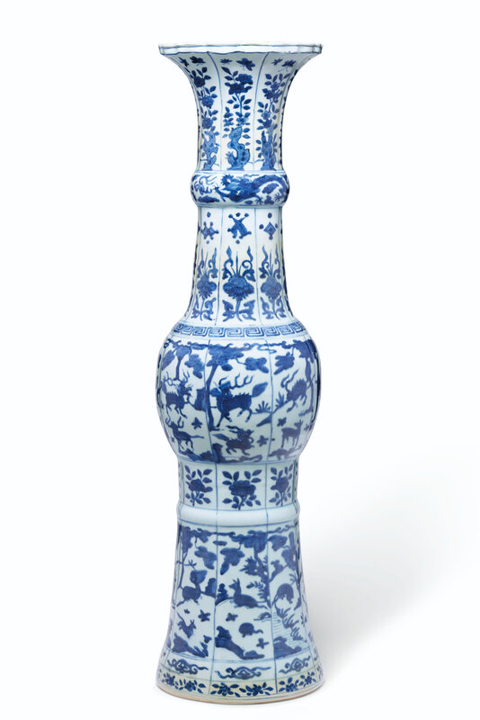 A very large blue and white lobed temple vase, Wanli six-character mark in underglaze blue in a line at the rim and of the period (1573-1619)