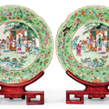 A pair of <b>Famille</b> <b>Rose</b> <b>lime</b> <b>green</b>-<b>ground</b> dishes, Daoguang six-character seal marks in iron red and of the period (1821-1850)