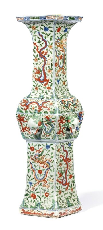 A massive wucai 'Dragons' beaker vase, fanggu, Mark and period of Wanli