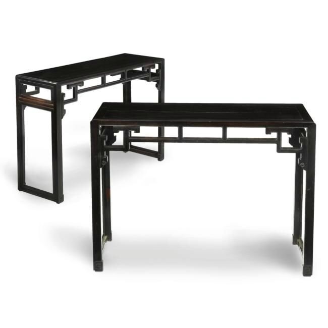 A pair of waistless 'zitan' tables, Qing dynasty, 19th century