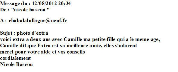 NICOLE donne des nouvelles d'EXTRA DE LA DULLAGUE 