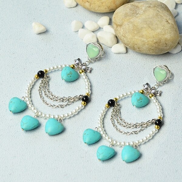 Pandahall Tutorial on How to Make Simple Heart Turquoise and Pearl Hoop Earrings(2)